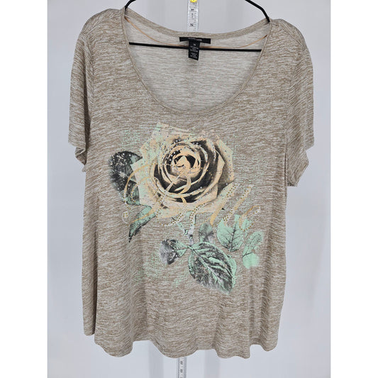 Style & Co Womens Sz 1X Short Sleeve T Shirt Rose Print Rhinestone Embellished