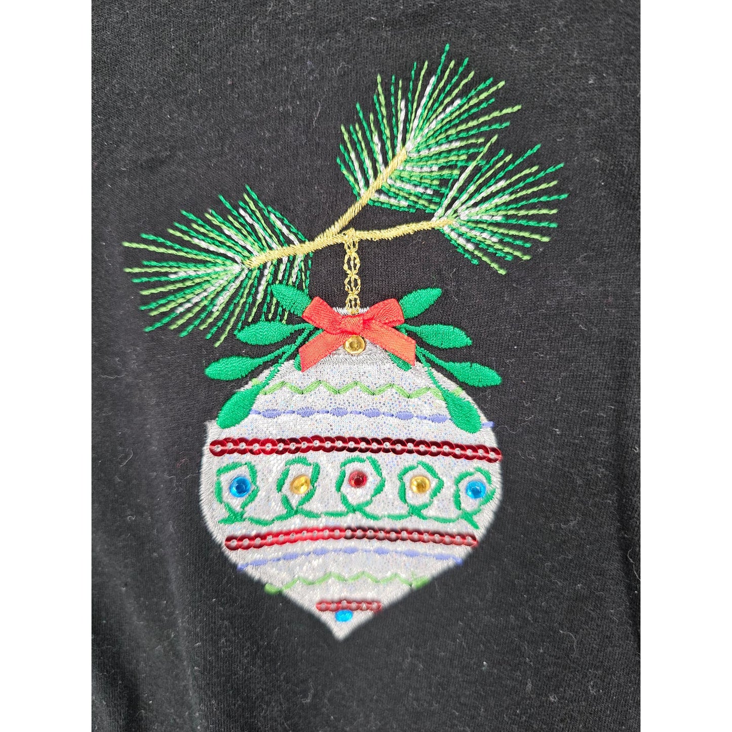 Womens Sz L Long Sleeve T Shirt Black Embroidered Christmas Ornament