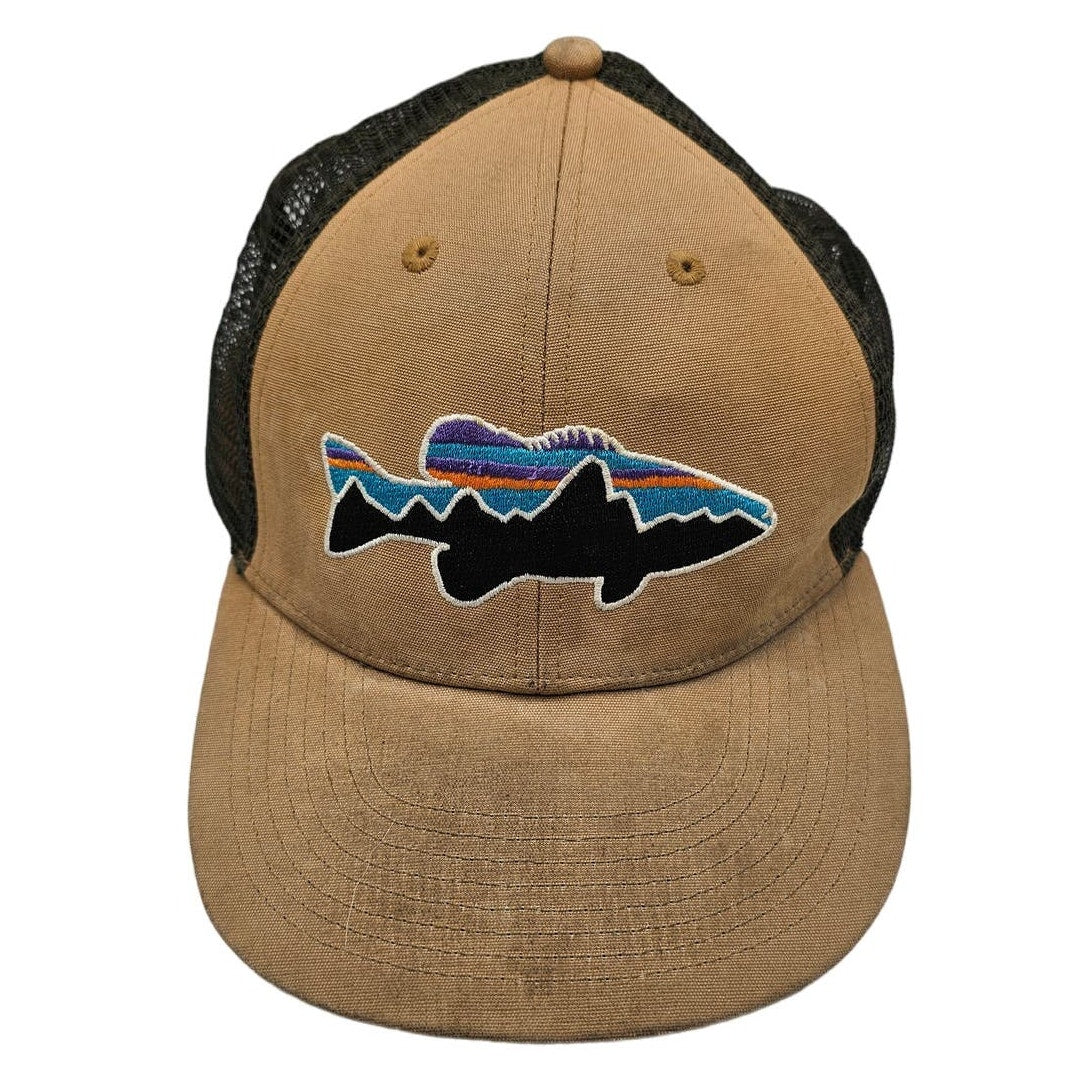 Patagonia Fitz Roy Trout Anvil Patch Snap Back Mesh Trucker Hat Tan