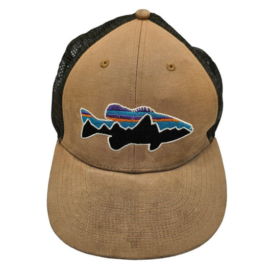 Patagonia Fitz Roy Trout Anvil Patch Snap Back Mesh Trucker Hat Tan