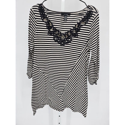 Style & Co Womens Sz PM Petite Long sleeve Tunic Top Black White Striped