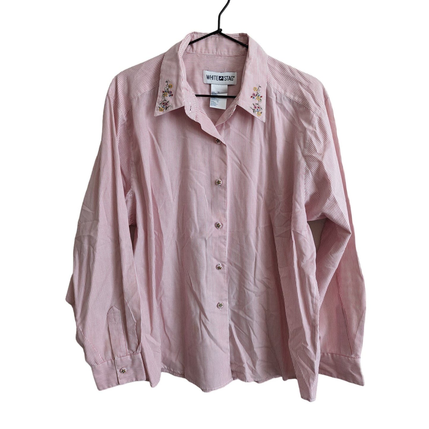 Vintage White Stag Womens Sz 14 Long Sleeve Button Up Shirt Pink Striped Floral