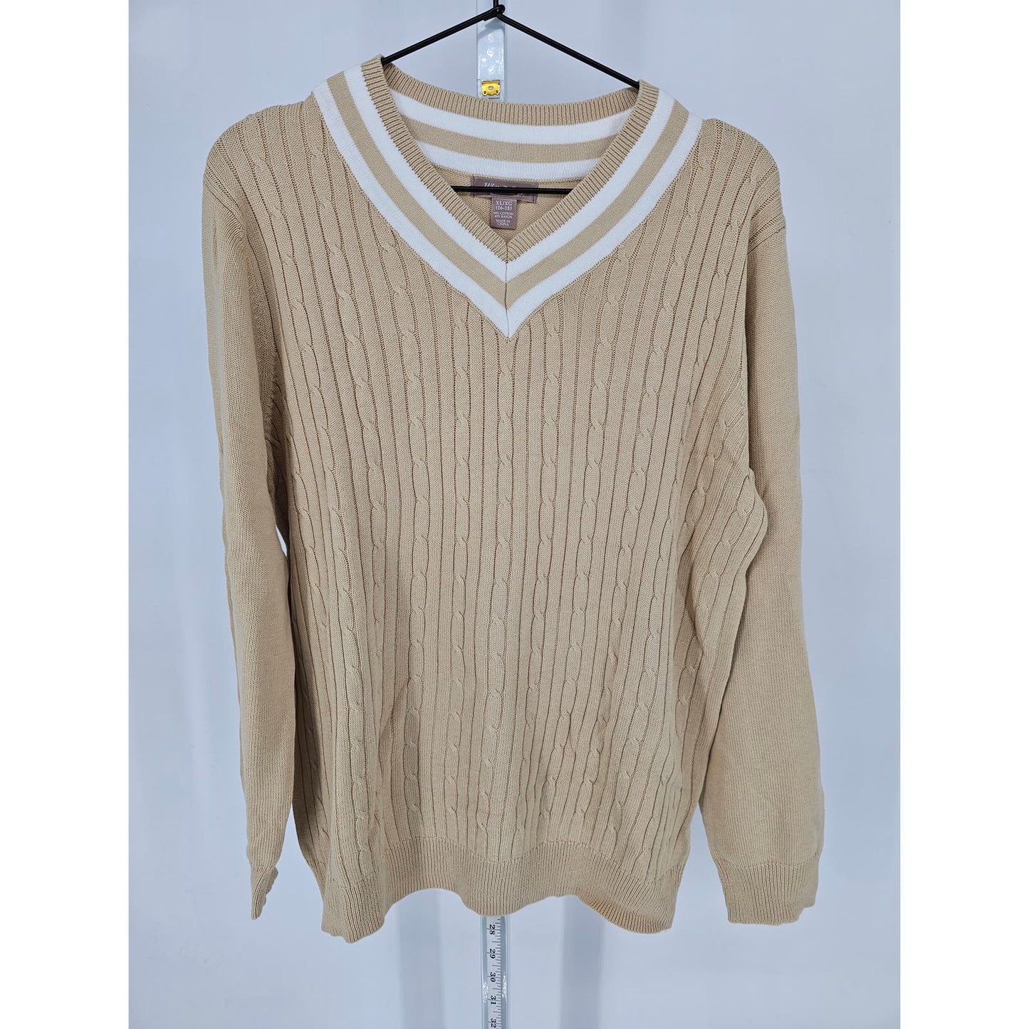 White Stag Womens Sz XL V Neck Sweater Beige White Trim Cable Knit Preppy