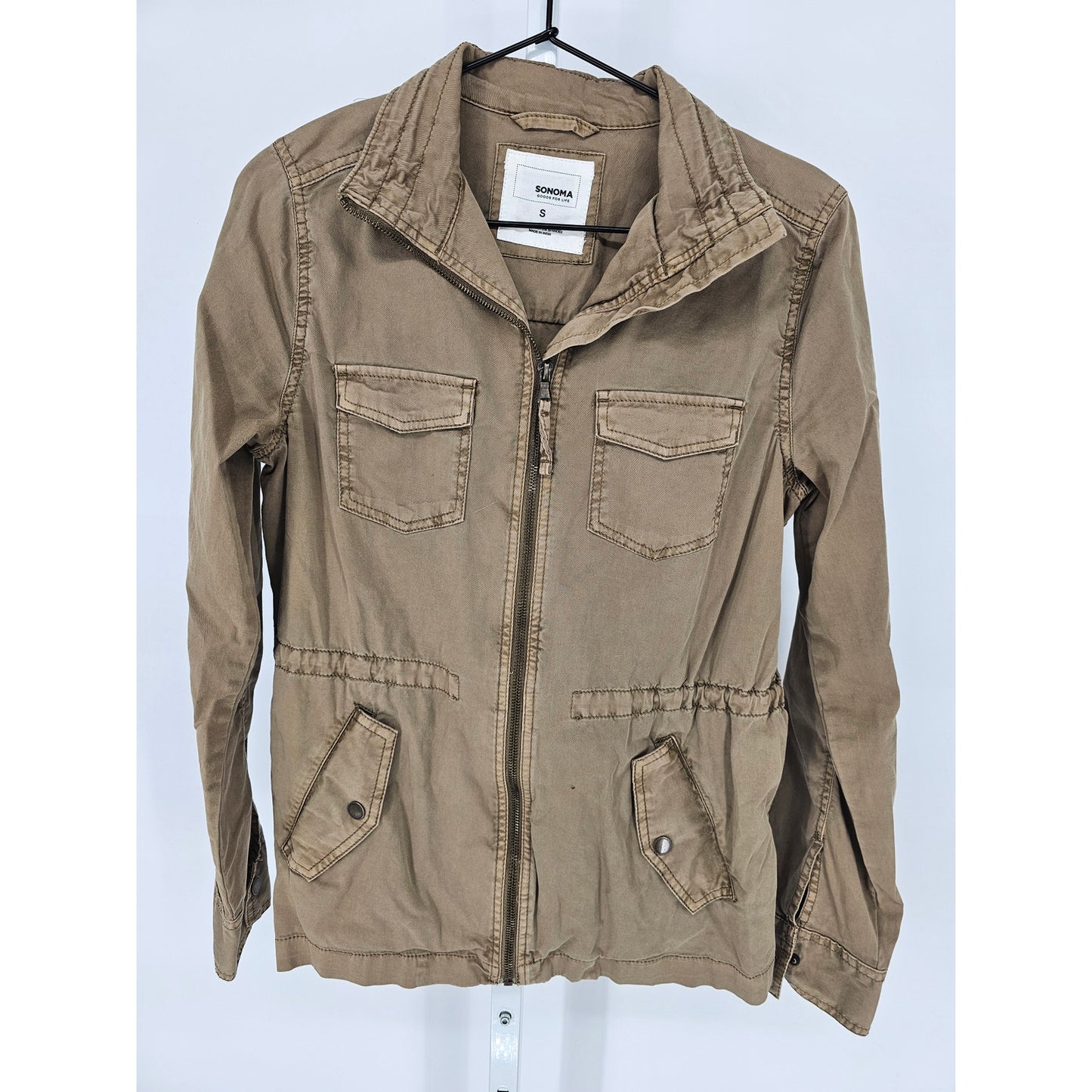 Sonoma Womens Sz S Zip Up Safari JAcket Tan W/ Pockets