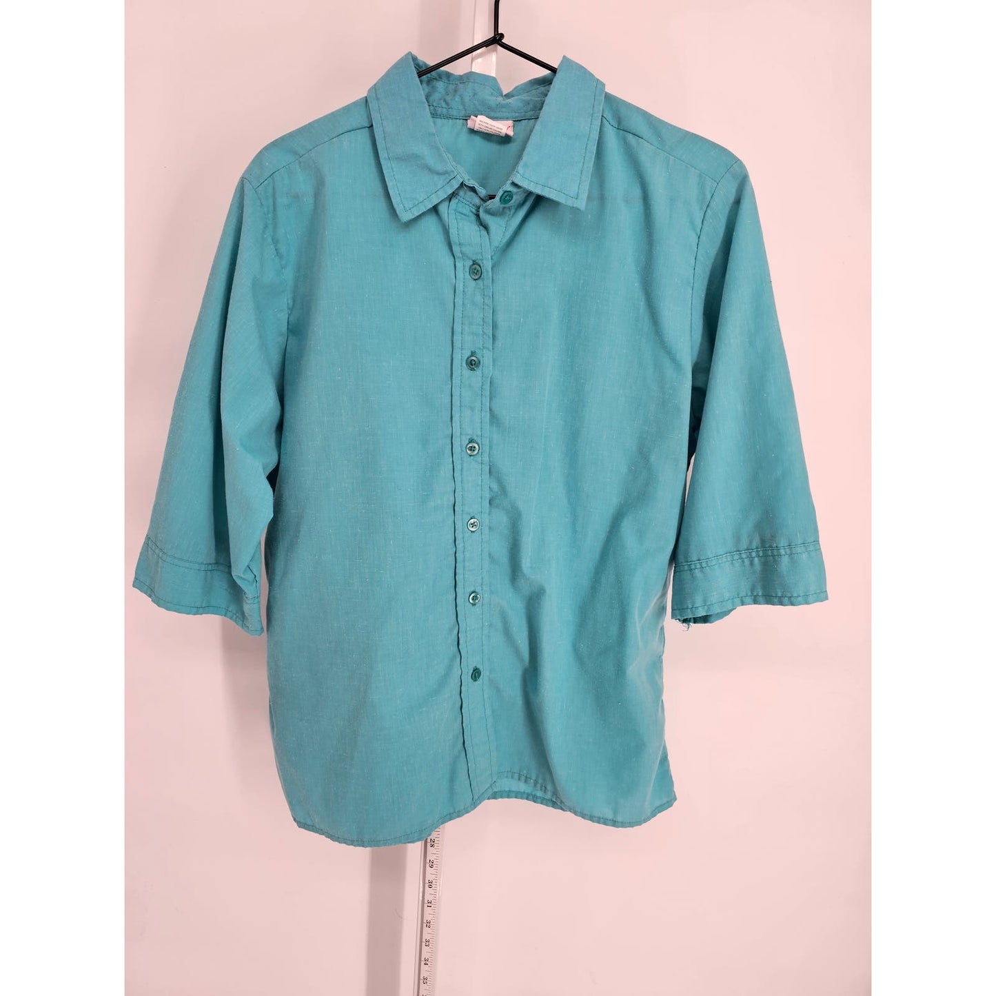 American Sweetheart Womens Sz M 3/4 Sleeve Button Up Dress Shirt Light Teal Blue