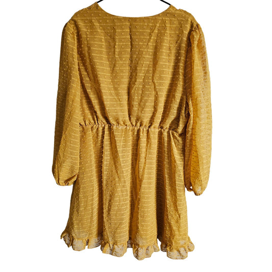 Womens Sz XL Knee Length Long Sleeve Mustard Yellow Boho Dress Open Back