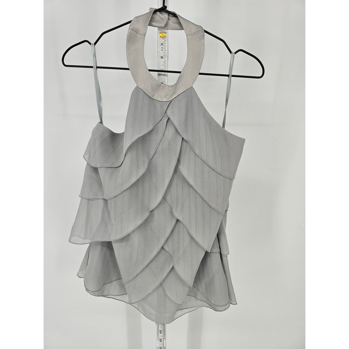 BCBGeneration Womens Sz M Halter Formal Top Silver Ruffled Tiered Y2K