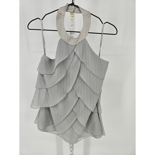 BCBGeneration Womens Sz M Halter Formal Top Silver Ruffled Tiered Y2K