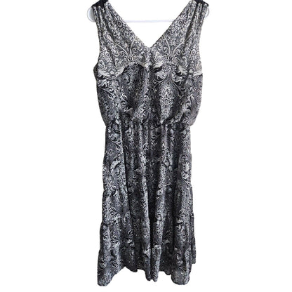 Perceptions Womens Sz 10P Petite Midi Dress Black White Print Sleeveless