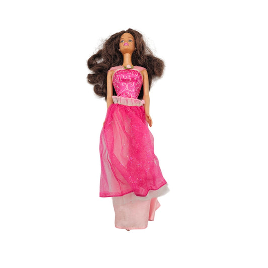 Vintage 1990s Barbie Pretty Princess Pink Dress Doll Brown Hair Curly