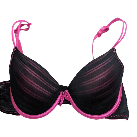 Vintage Y2K Womens Sz 36C Padded Push Up Bra Black Bright Pink Striped