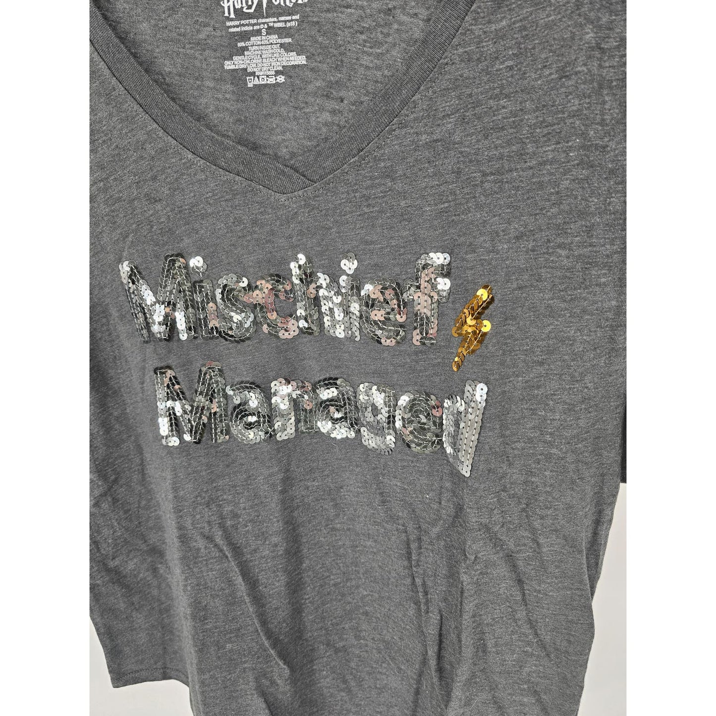 Harry Potter Womens Sz S Short Sleeve V Neck T Shirt Mischief Managed Sequin