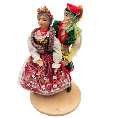 Cepelia Polish Handmade Folk Art Lalki Couple Dolls 5" Wooden Base Vintage