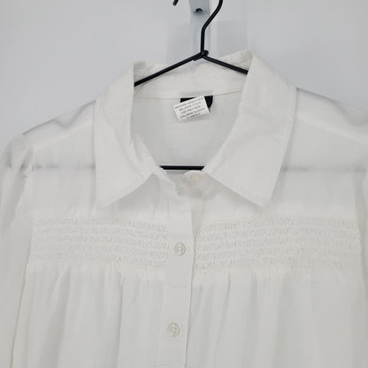 Salon Studio Womens Sz S Button Up Solid White Blouse Smocked Neckline