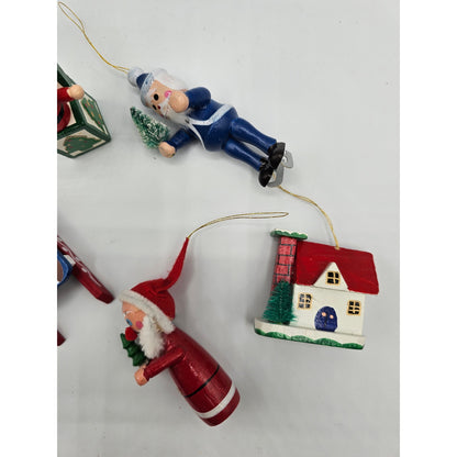 Lot of 5 Vintage Hand Painted Wooden Christas Ornaments Santa Jack in the Box