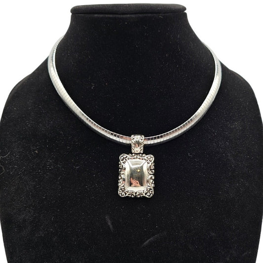 Vintage 1990s Pendant Style Silver Tone Necklace Square Pendant