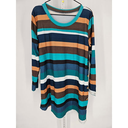 Womens Sz XXL Long Sleeve Tunic Top Striped Green Blue Brown Button Side