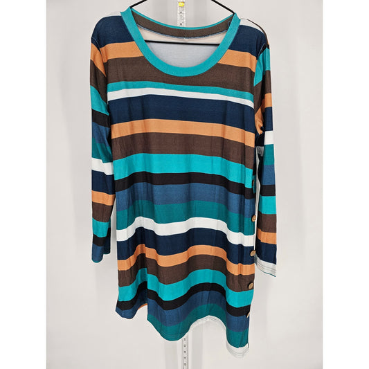 Womens Sz XXL Long Sleeve Tunic Top Striped Green Blue Brown Button Side