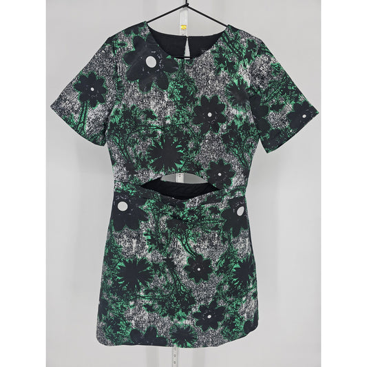 Topshop Womens Sz 8 Above Knee short Sleeve Dress w. Cutouts Green Black Floral