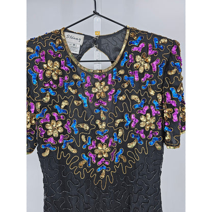 Stenay Womens Sz 8 100% Silk Fully Beaded Knee Length Dress Formal Black Floral