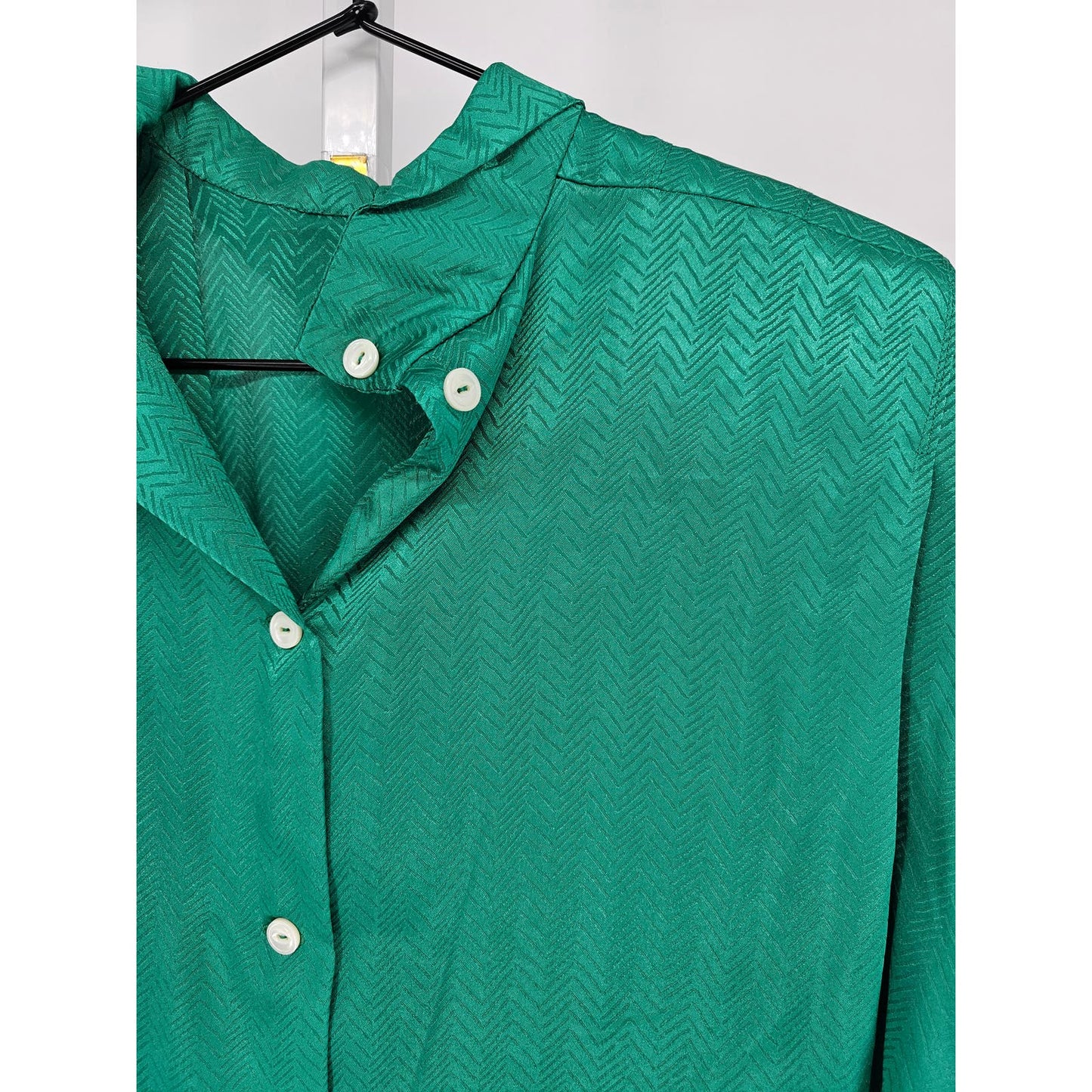 Vintage 1960s Womens Sz L Long Sleeve Satin Blouse Emerald Green Herringbone