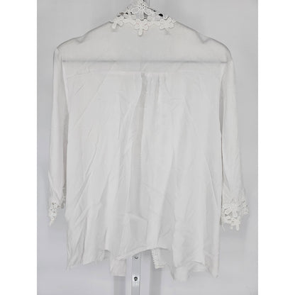 Mazik Womens Sz L Long Sleeve Button Up Top Crochet White Beachy Open Knit