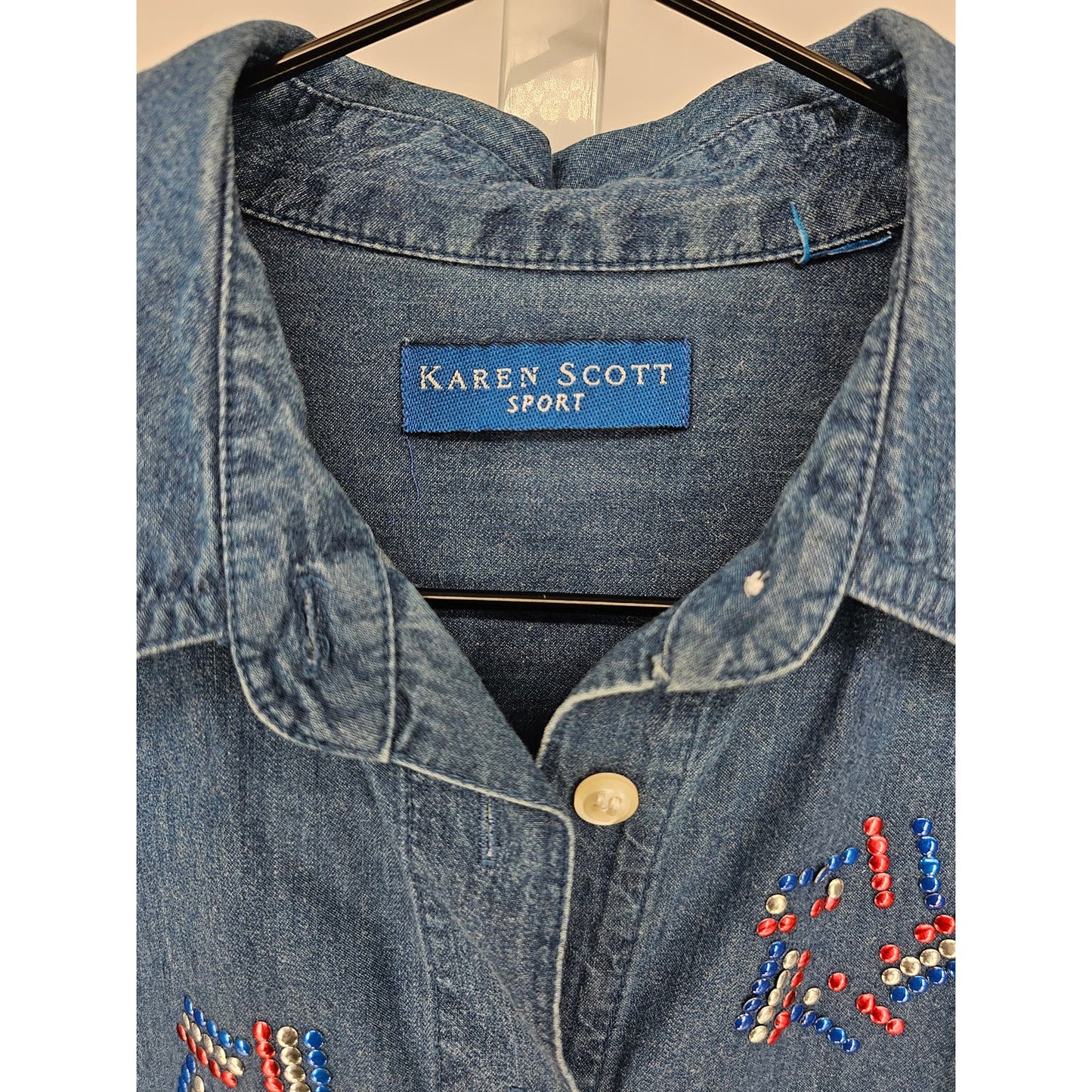 Karen Scott Sport Womens Sz M Short Sleeve Blue Denim Shirt Rhinestone Fireworks