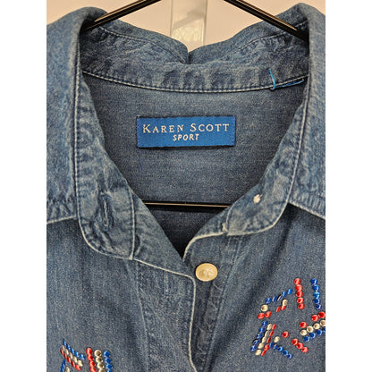 Karen Scott Sport Womens Sz M Short Sleeve Blue Denim Shirt Rhinestone Fireworks