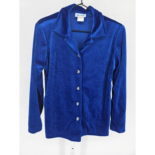 Vintage Blair Womens Sz S Button Up Crushed Velvet Jacket Bright Blue Velour