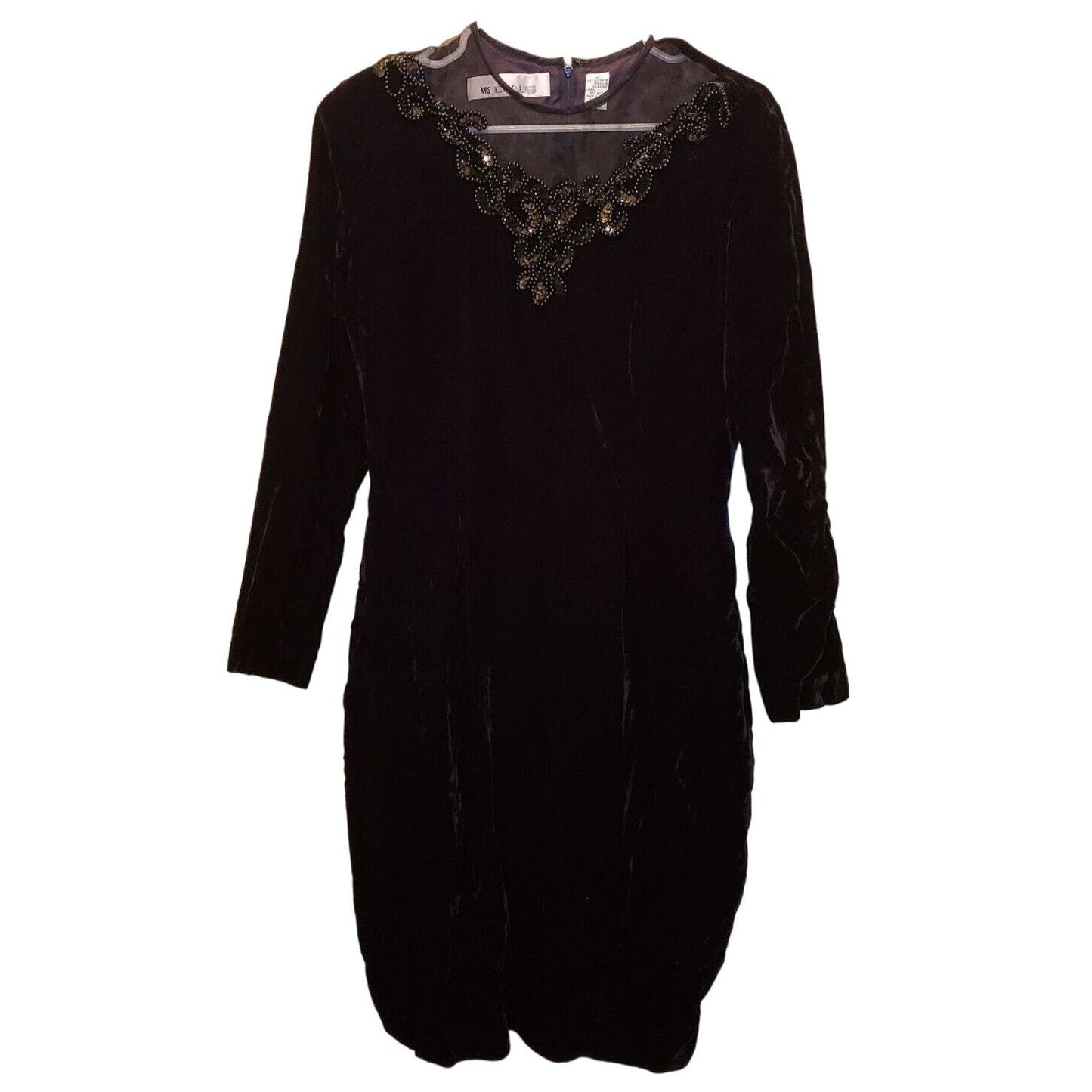 Vintage 1980s Ms Chaus Sz 12 Midi Black Velvet Dress Beaded Long Sleeve
