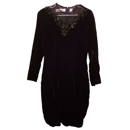Vintage 1980s Ms Chaus Sz 12 Midi Black Velvet Dress Beaded Long Sleeve