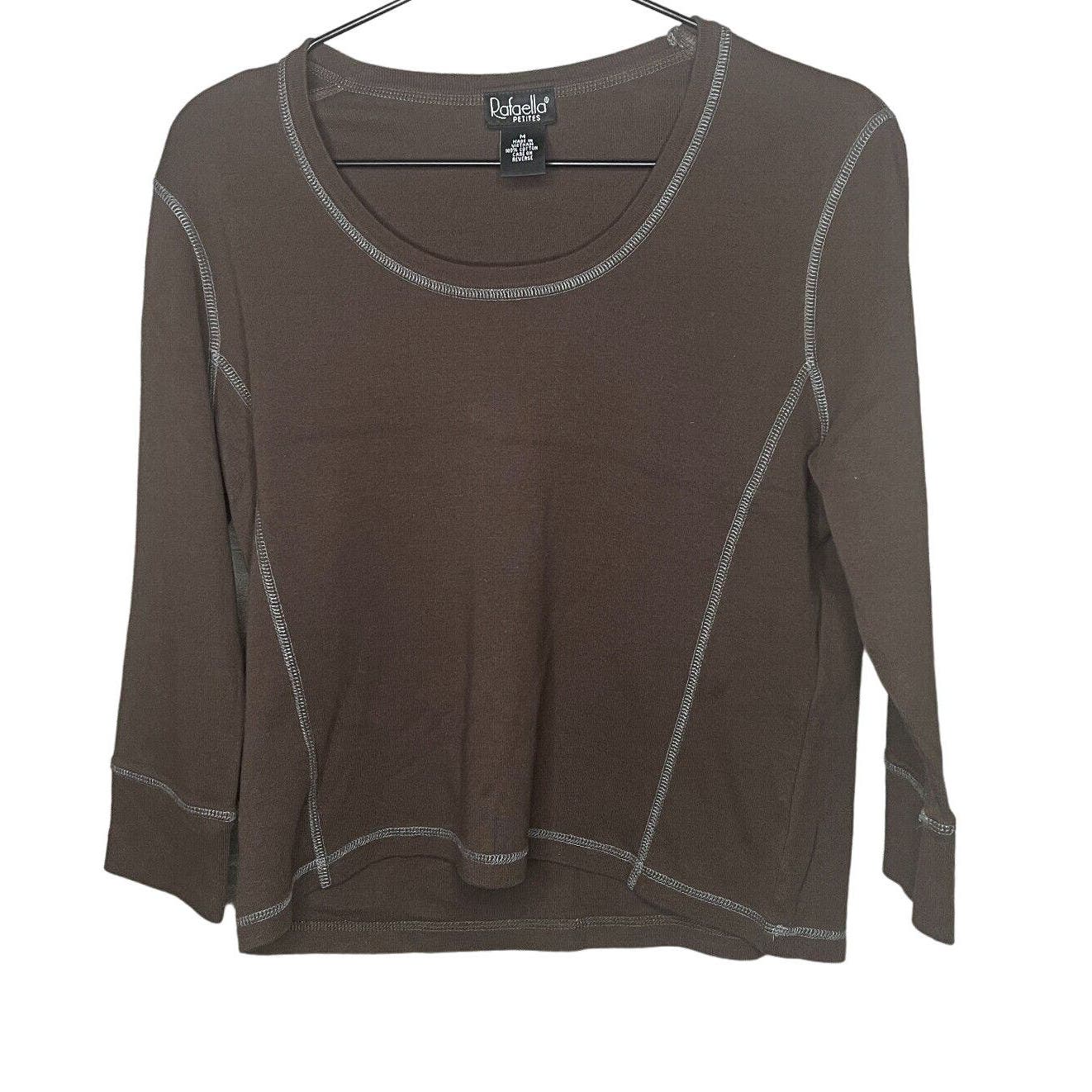 Rafaella Womens Sz Petite PM 100% Cotton Round Neck T Shirt Brown Long Sleeve