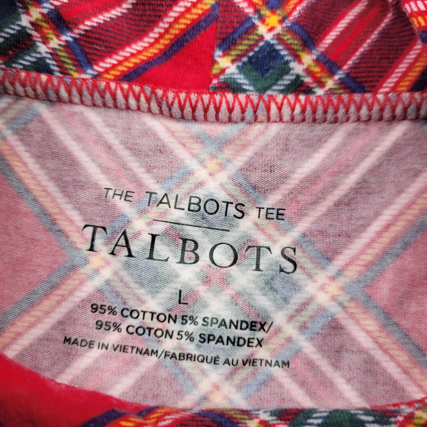 Talbots Womens Sz L Long Sleeve Turtleneck T Shirt Red Blue Plaid Cotton Blend