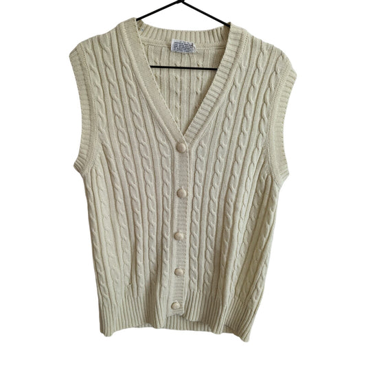 Vintage 1970s Rimlon Womens Button Front Cardigan Vest Ivory Cableknit