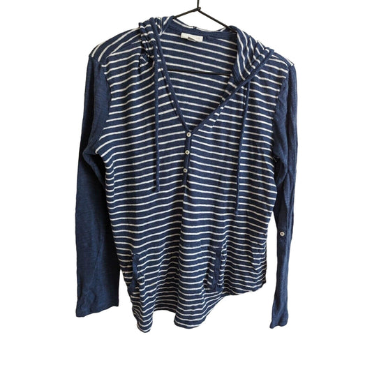 J Jill Womens Sz S Linen Blend Hooded Long Sleeve Shirt Blue Striped