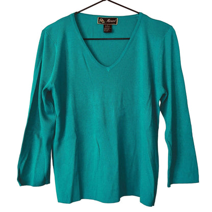 Mirasol Womens Sz L Long Sleeve V Neck Green Teal Blouse Ribbed