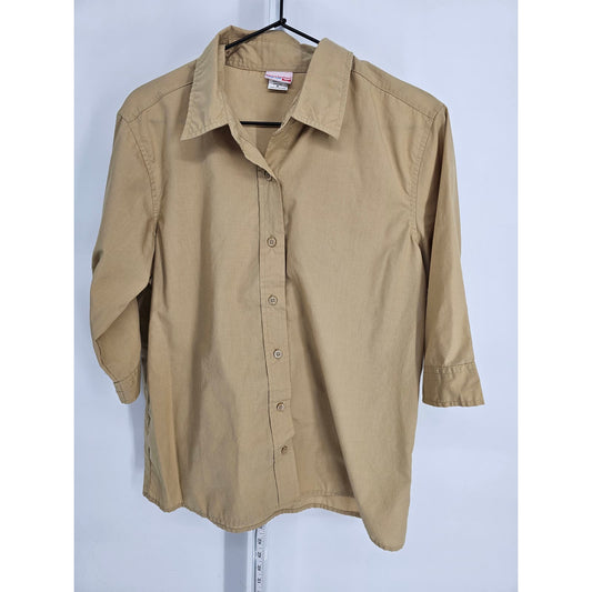 American Sweetheart Womens Sz M 3/4 Sleeve Button Up Dress Shirt Beige Tan