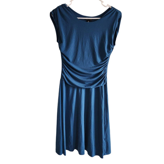 En Focus Studio Womens 4P Petite Midi Dress Teal Blue Draped