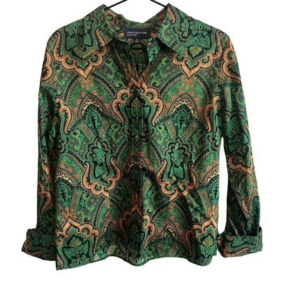 Jones New York Womens Sz M Button Down Blouse Green Gold Print