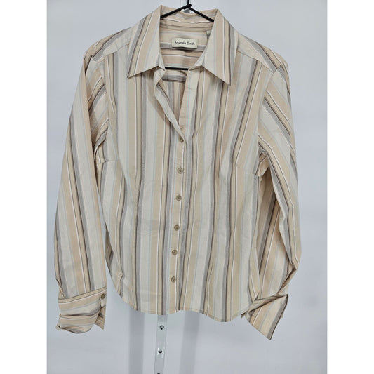 Amanda Smith Womens Sz 12 Long Sleeve Button Up Dress Shirt Cream Tan Striped