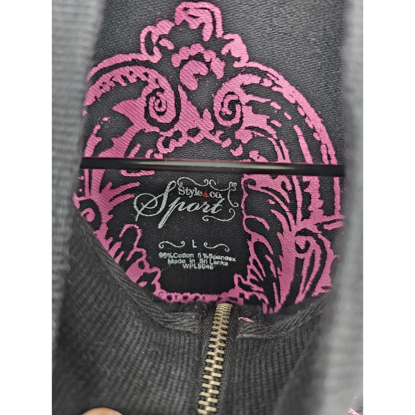 Style & Co Sport Womens Sz L Full Zip Up Athletic Sweatshirt Black Pink