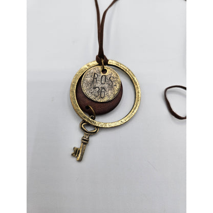 Vintage Steampunk Skeleton Key Pendant Necklace Leather Strap Brass Gold Tone