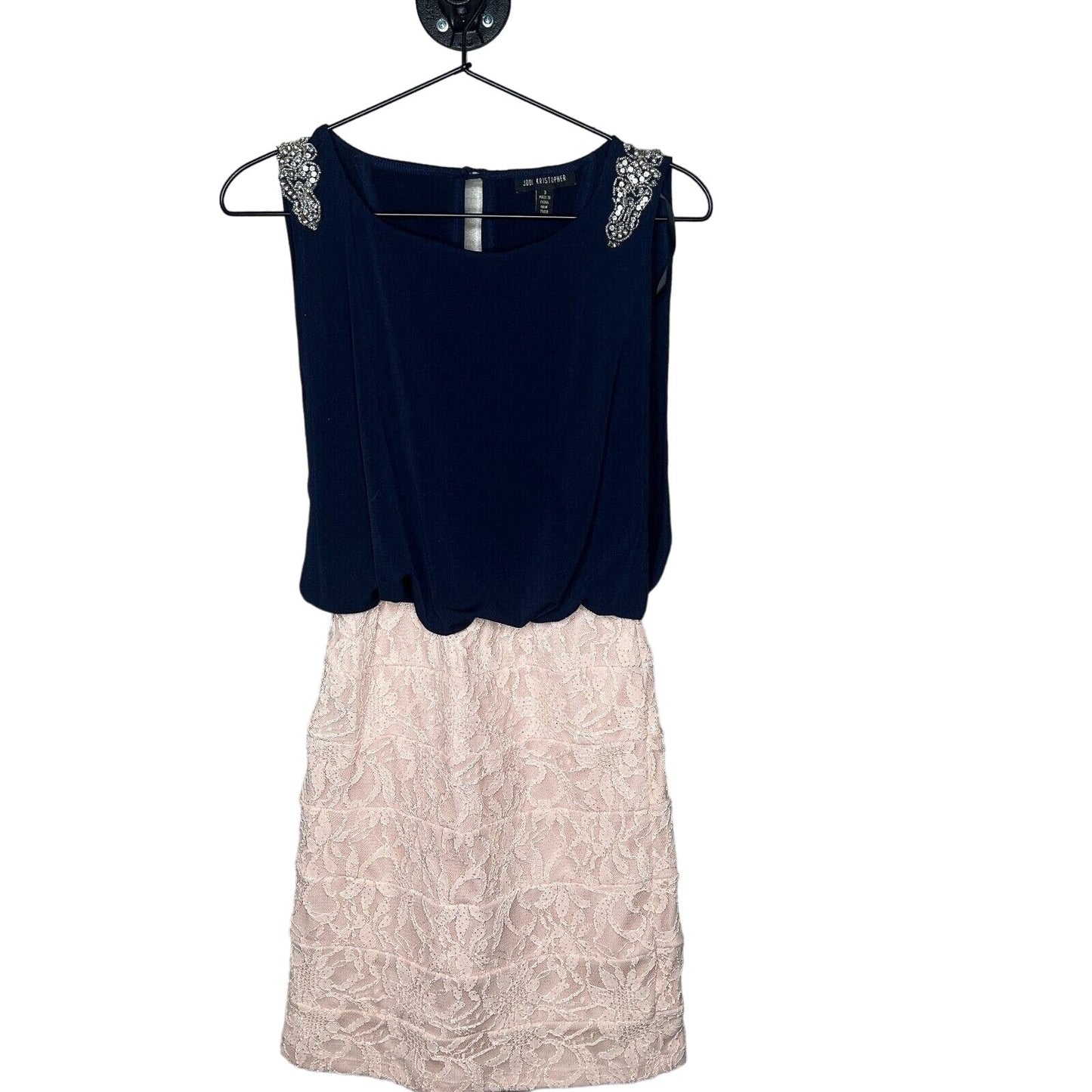Jodi Kristopher Juniors Sz 3 Navy and Blush Dress Lace Open Back