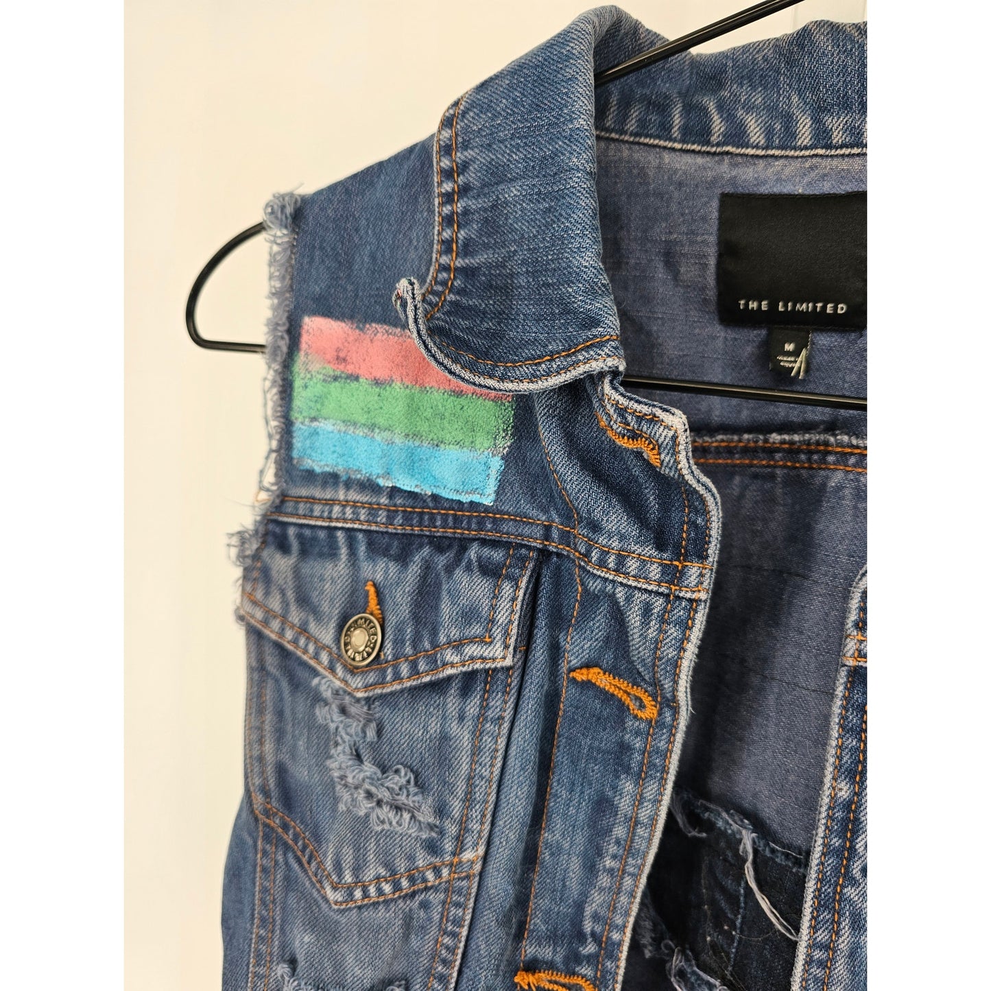 The Limited Womens Sz M Blue Jean Denim Vest Distressed Pride Button Up