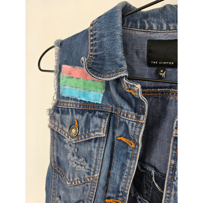 The Limited Womens Sz M Blue Jean Denim Vest Distressed Pride Button Up