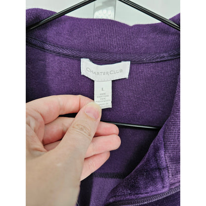 Charter Club Womens Sz L Full Zip Velour Track Jacket Royal Purple Velvet
