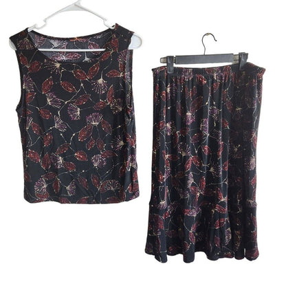 Hearts of Palm Womens Sz M Blouse and Skirt Set Black Pink Floral Slinky