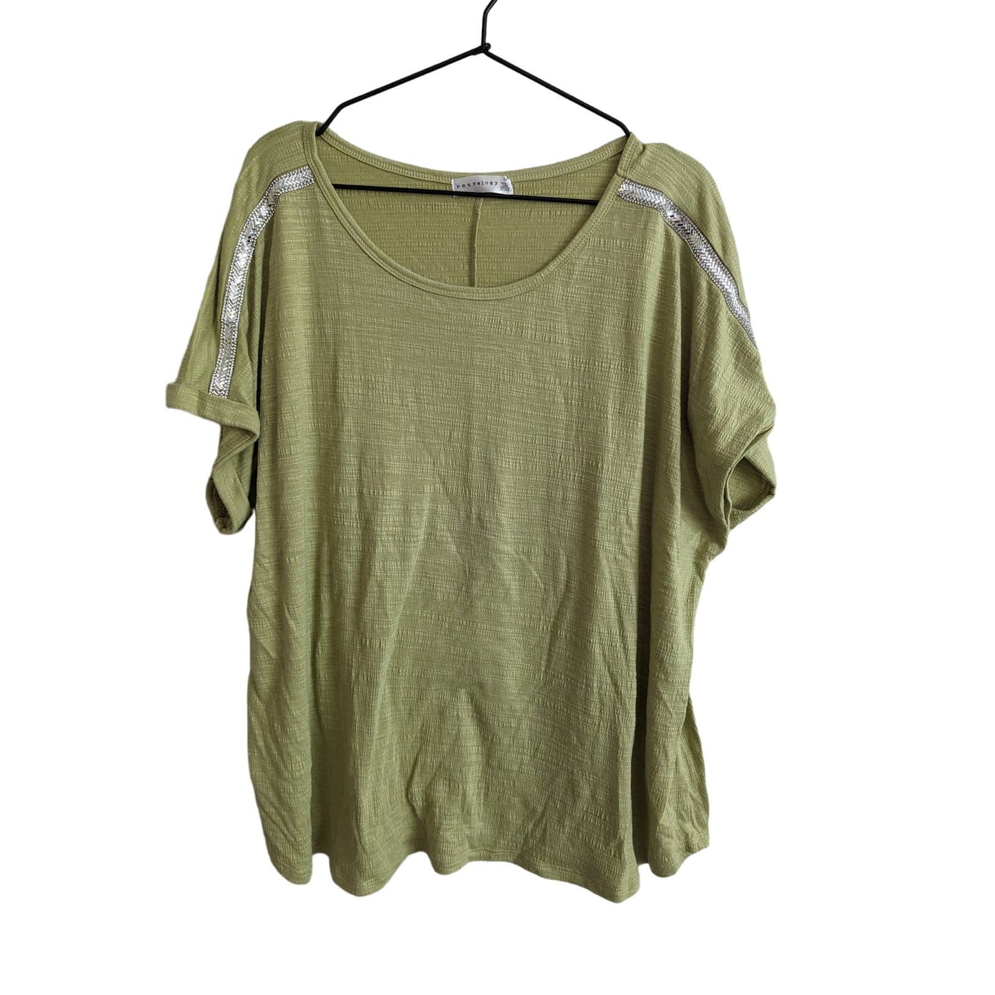 Retrology Womens Sz 3X Short Sleeve Sage Green Blouse Rhinestone Detail