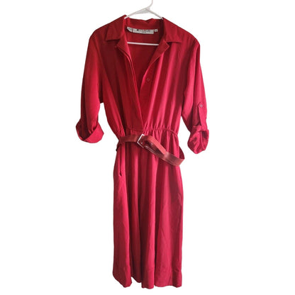 Vintage 1970s Ms Chaus Womens Sz 14P Petite Belted Midi Dress Red