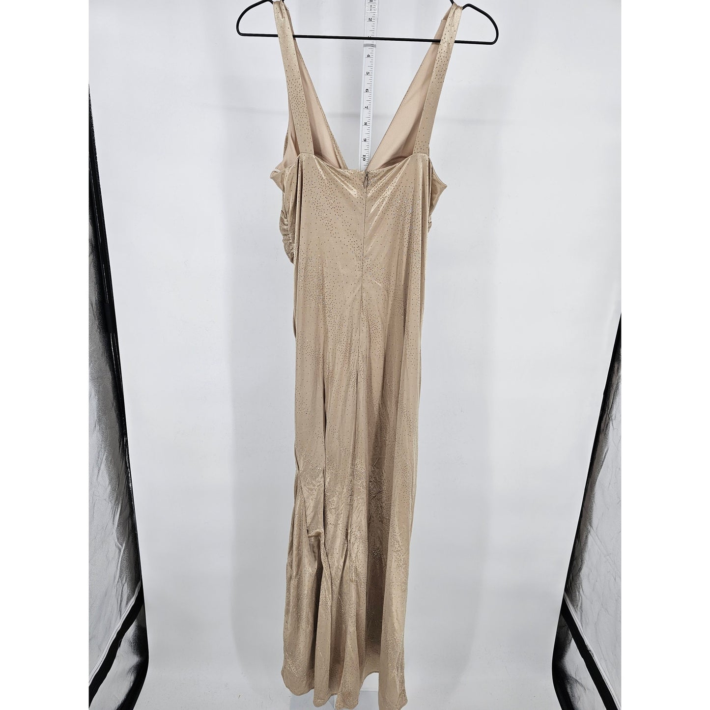 Vintage Y2K Onyx Nite Womens Sz 14 Maxi Length Formal Dress Beige Satin Glitter